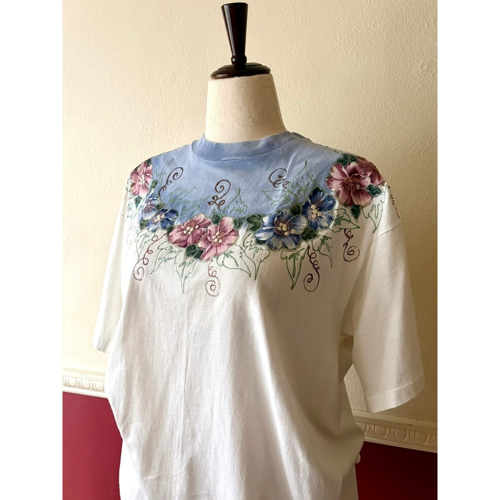 Vintage 90s Fruit of the Loom Custom Painted Tee White XL USA Made Single Stitch